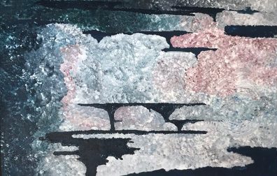Abstrakt målning i akryl i rosa, mörkblåa och ljusblåa toner